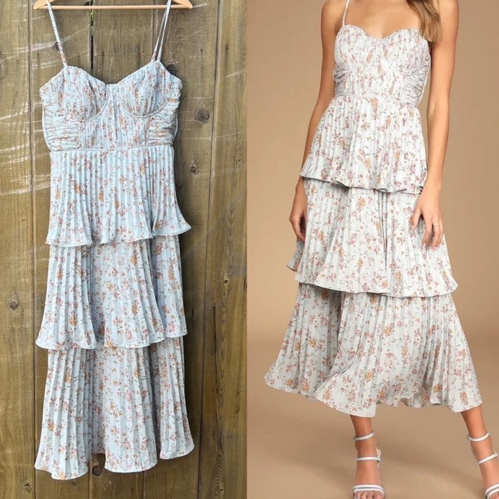 Lulus Cascading Crush Light Blue Floral Print Tiered Bustier Midi Dress whimsey